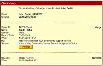 Client History Screen-shot with Unmerge button